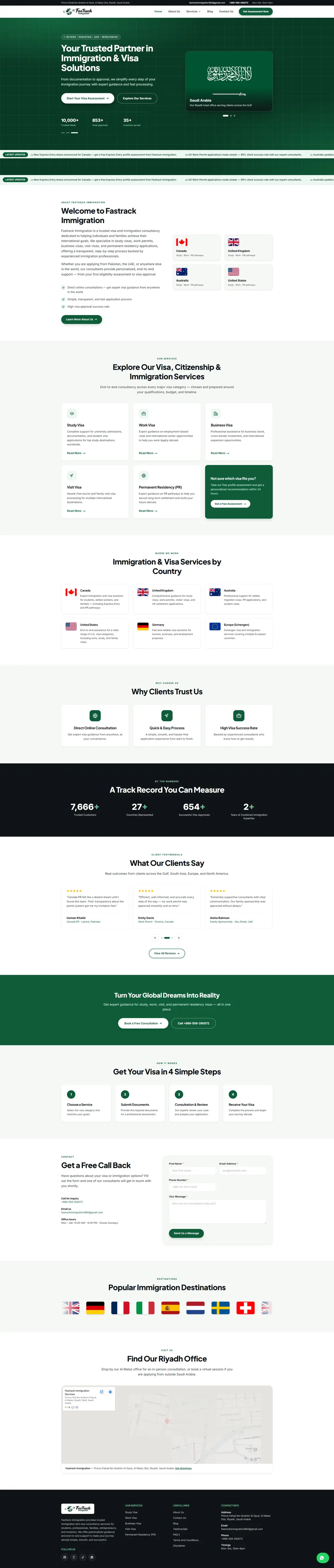 Full-page screenshot of the Fastrack Immigration website