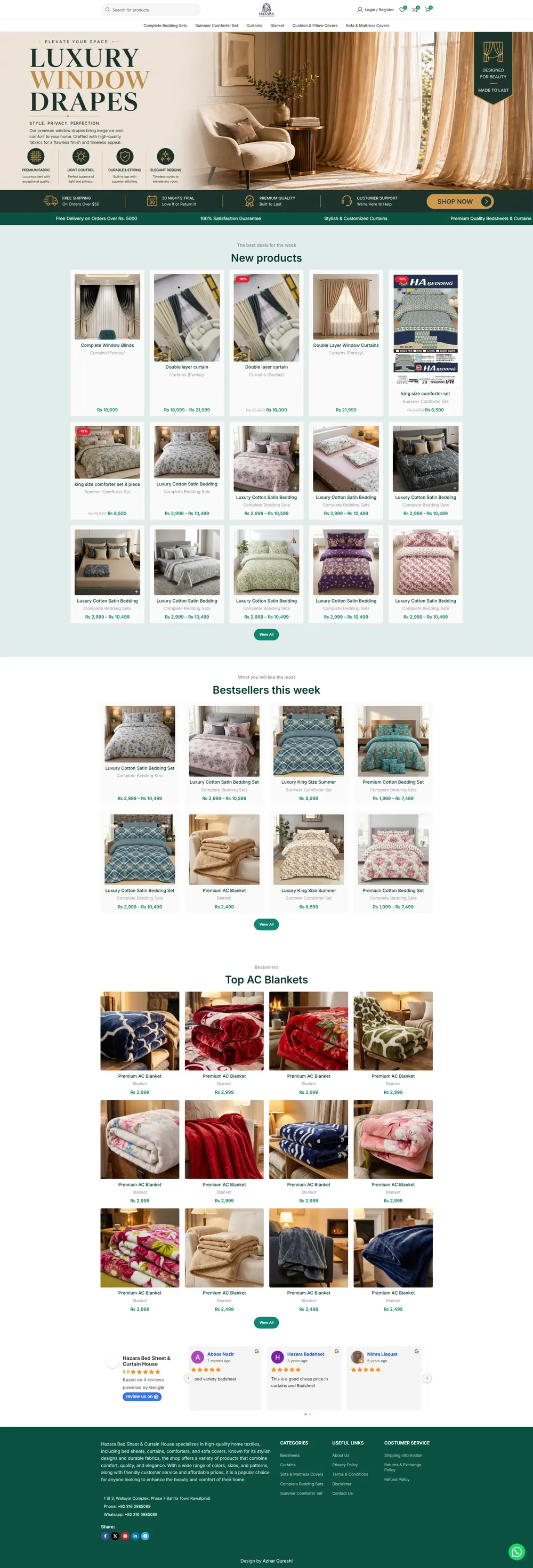 Full-page screenshot of the Hazara Bedsheets website