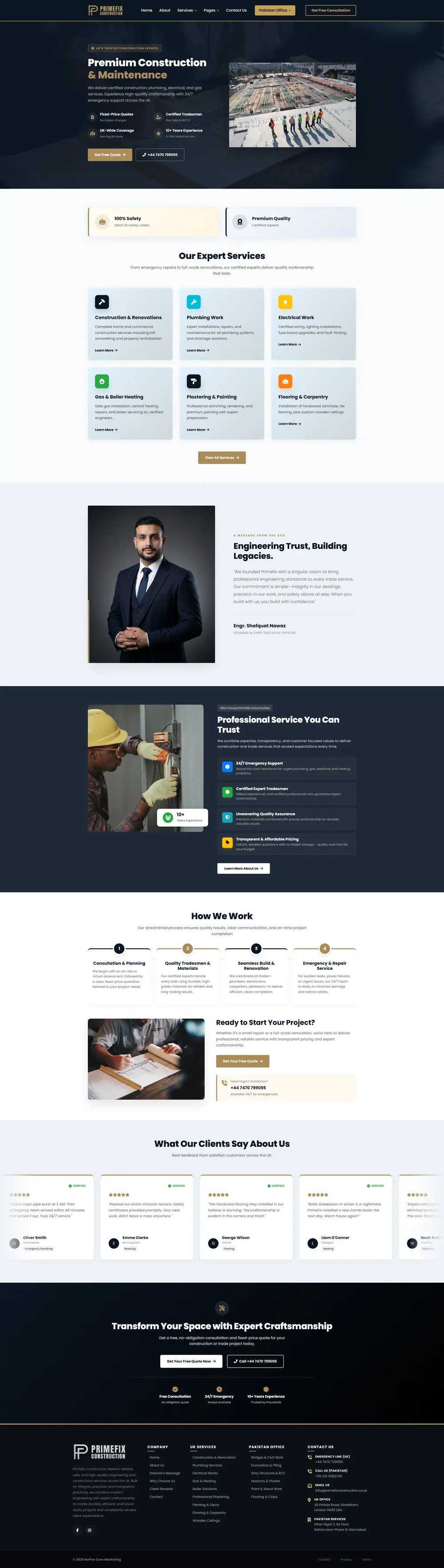 Full-page screenshot of the Primefix Construction website