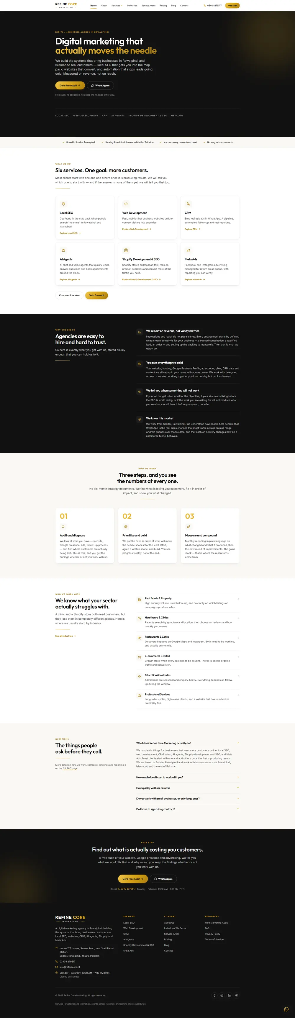 Full-page screenshot of the Refine Core Marketing website