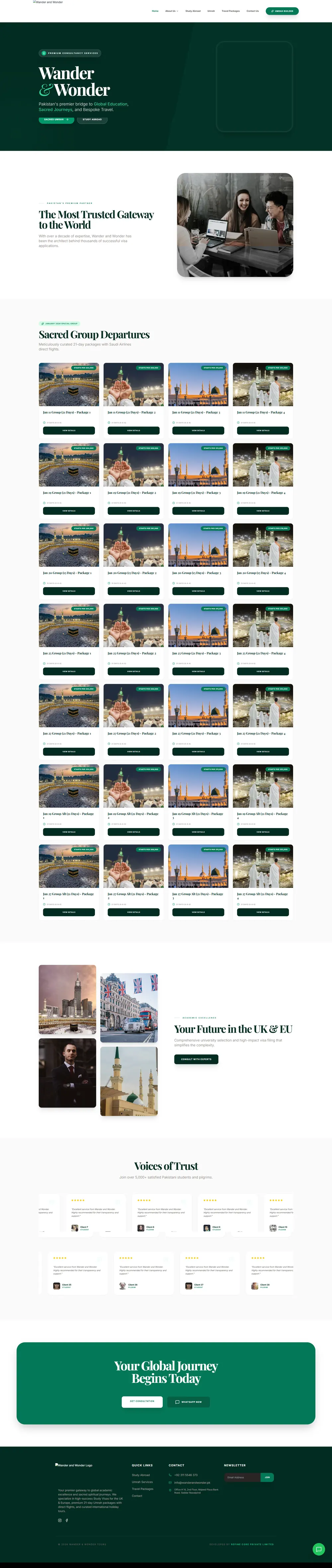 Full-page screenshot of the Wander and Wonder website