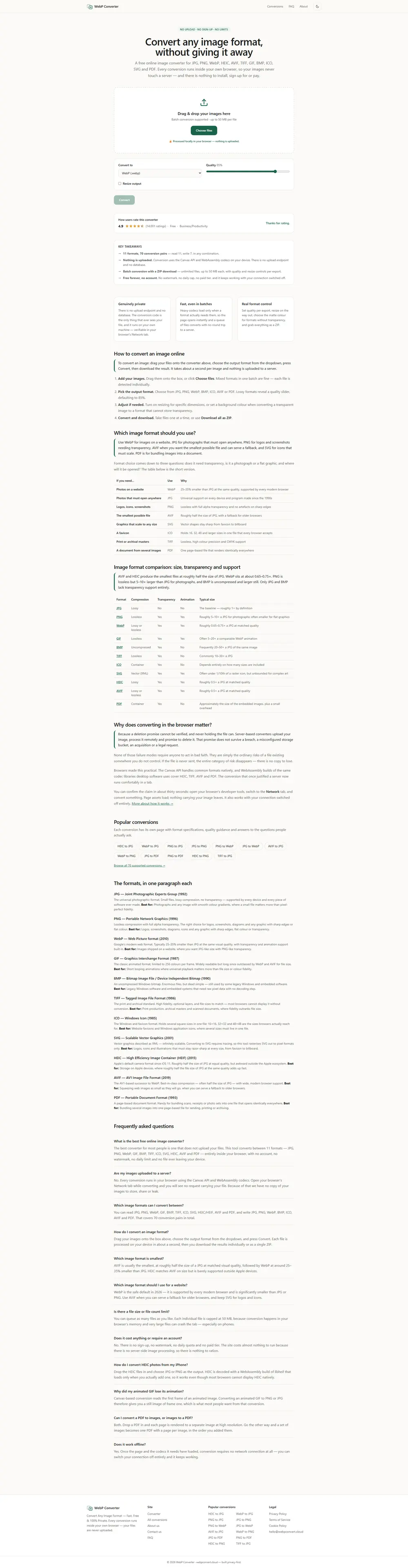 Full-page screenshot of the WebP Converter website