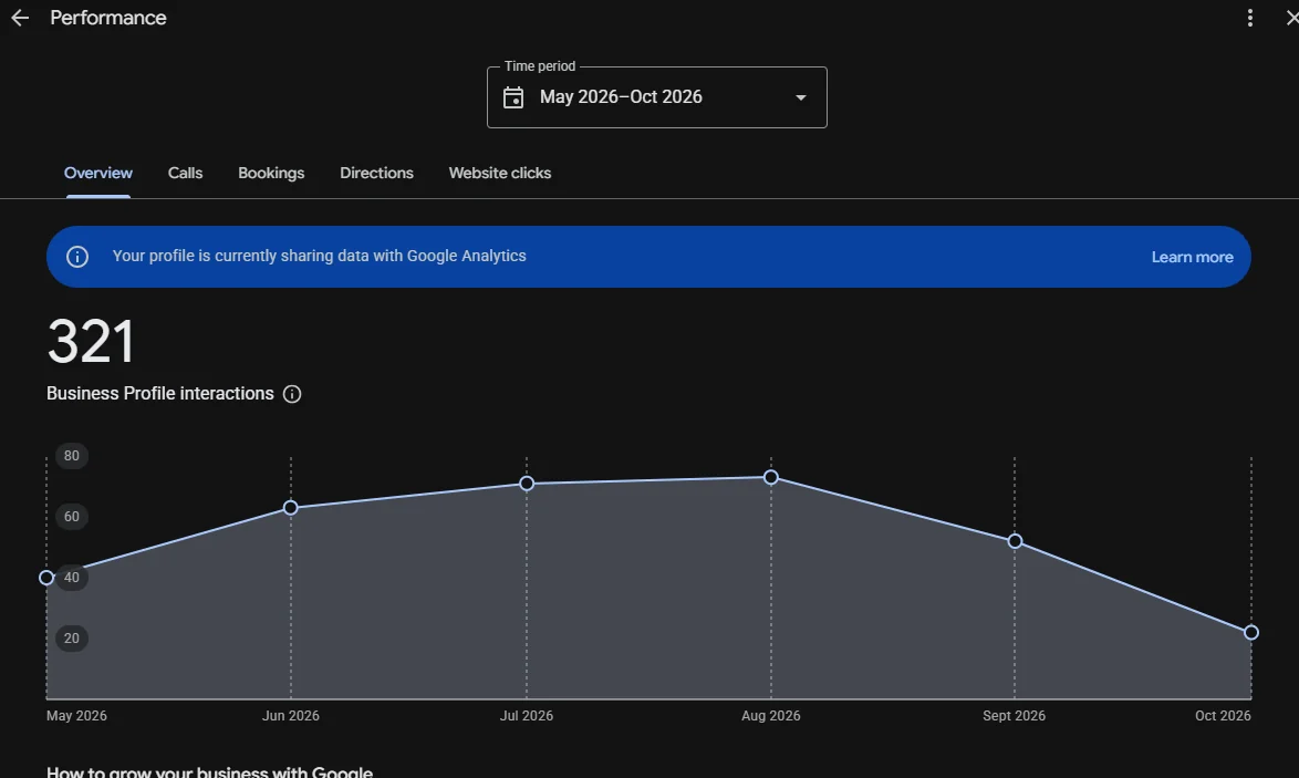 Google Business Profile performance report showing interactions for a local business