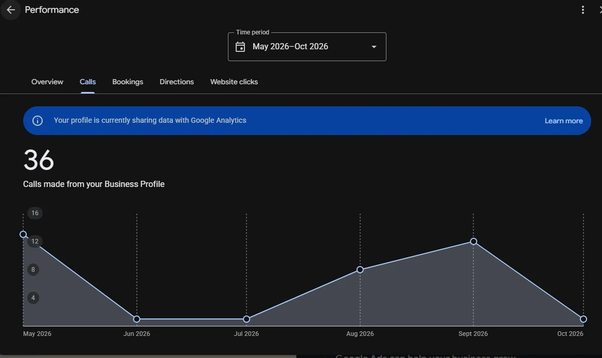 Google Business Profile performance report showing interactions for a local business